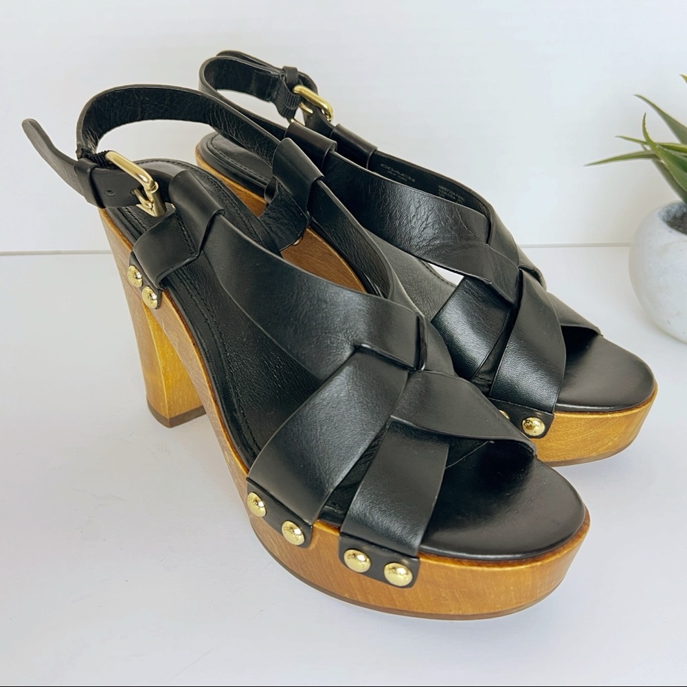 ✖️SOLD✖️•COACH• Black Leather Adessa Platform Sandals - Picture 1 of 13